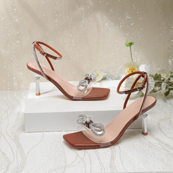 Women's Brown+bl Closed Toe Rhinestone Wedding Low Slingback Clear Kitten Heels - Picture 9 of 9